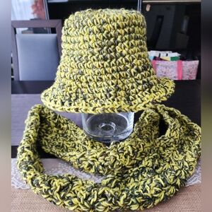 Handmade Yellow and Green Crochet Bucket Hat and Infinity Scarf Set